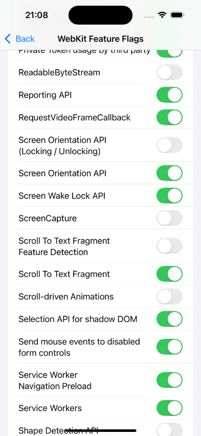 iOS Safari Feature Flags